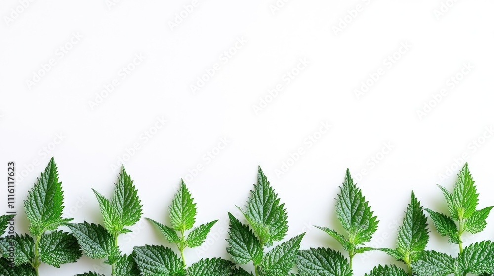 Poster nettle leaves arranged creatively on a white background showcasing a macro flat lay design for natur