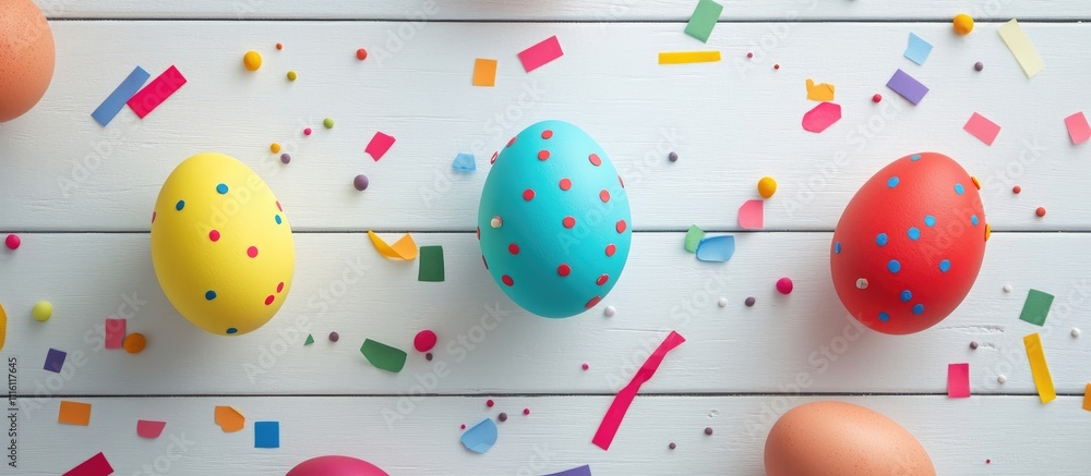 Poster aerial view of colorful decorated eggs surrounded by vibrant confetti on a rustic wooden background 