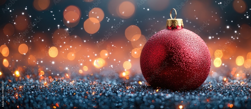 Poster Christmas red ornament on shimmering background with defocused lights and snowflakes creating a festive holiday atmosphere