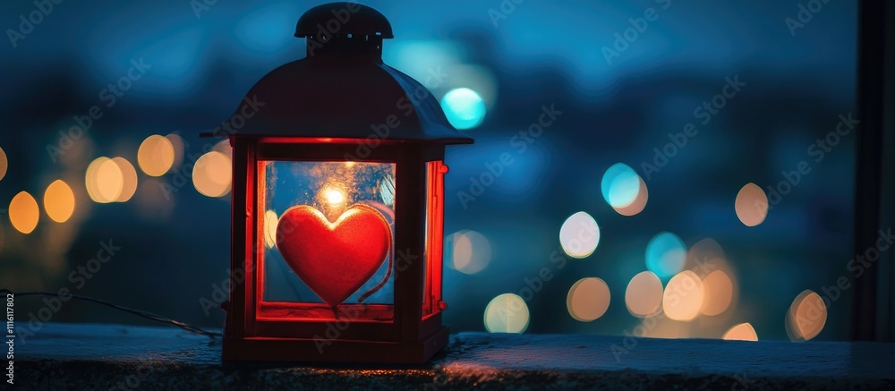 Poster red lantern with heart shaped window illuminating darkness surrounded by colorful bokeh lights creat