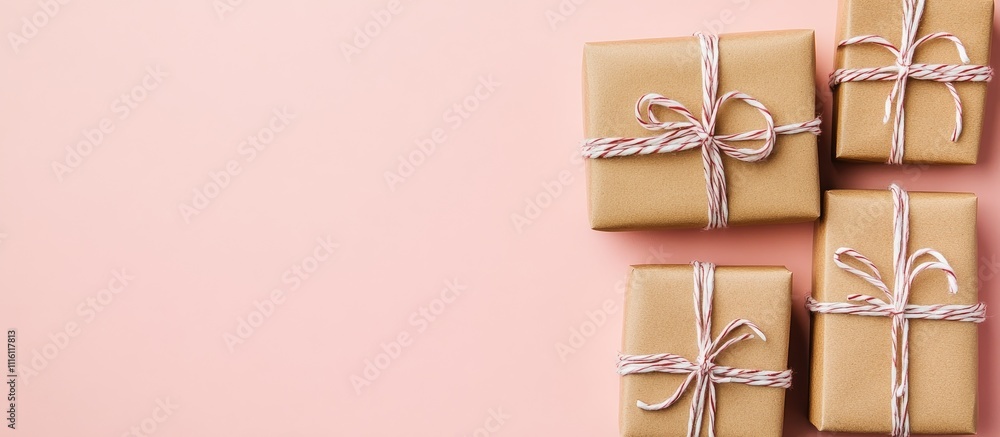 Poster brown gift boxes tied with twine on a pink background perfect for minimalistic holiday card designs 