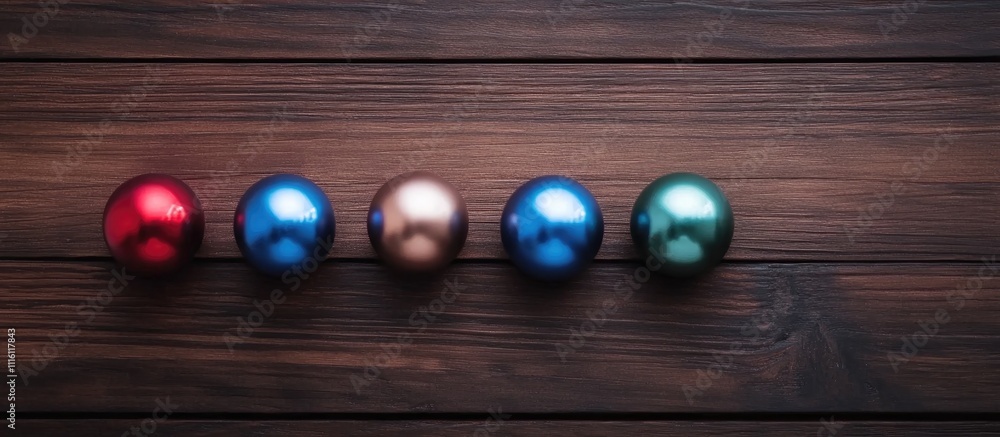 Poster colorful christmas balls arranged on a rustic wooden background with ample space for holiday-themed 
