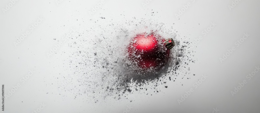Poster explosive red christmas ornament shattering on white background with dynamic particles