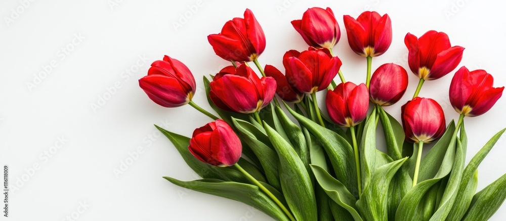 Poster vibrant red tulips arranged on a white background ideal for spring holiday greetings with space for 