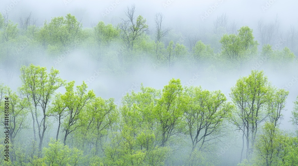 Aufkleber aerial view of serene taiga forest enveloped in mist showcasing vibrant greenery and tranquil natura