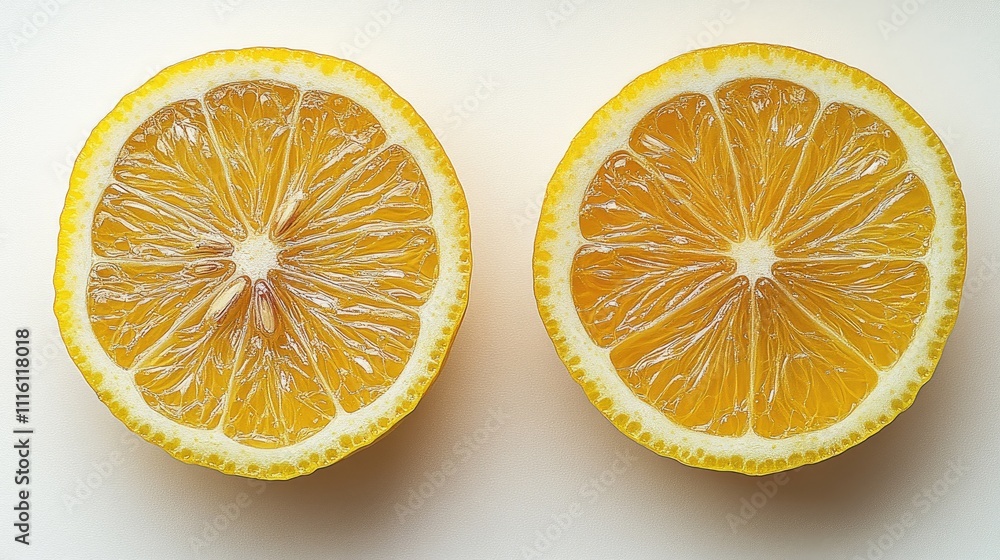Poster sliced lemon halves arranged on a clean white background showcasing fresh citrus texture and vibrant
