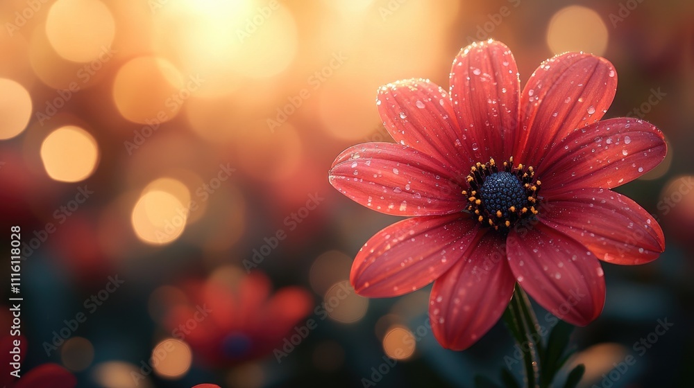 Poster Close up of vibrant red flower with dew drops set against a dreamy golden bokeh background in springtime nature setting