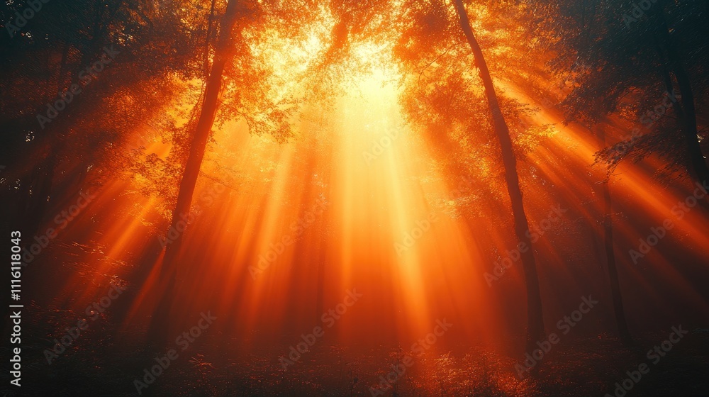 Poster golden sunlight filtering through a misty forest creating a serene and enchanting atmosphere