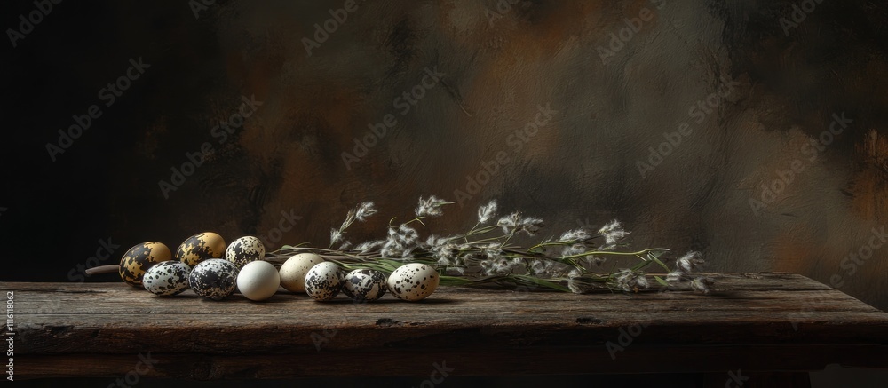 Poster quail eggs in assorted colors with willow branches on a rustic wooden table creating a serene still 