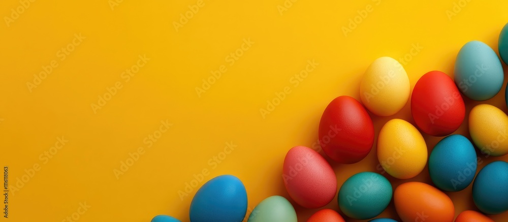 Poster handmade colorful easter eggs arranged on a vibrant yellow background with ample copy space for text