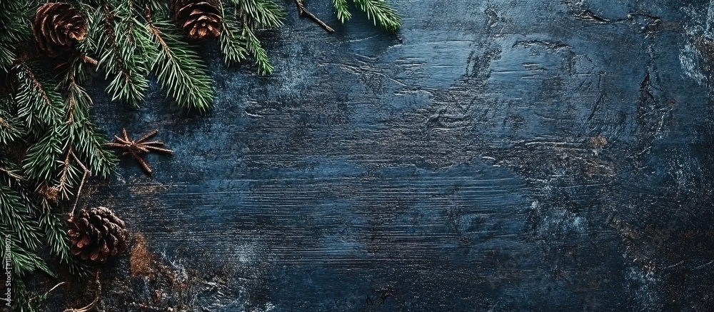 Poster Rustic gray wooden backdrop with fir tree branches and pine cones creating an empty space for festive design elements and seasonal decorations