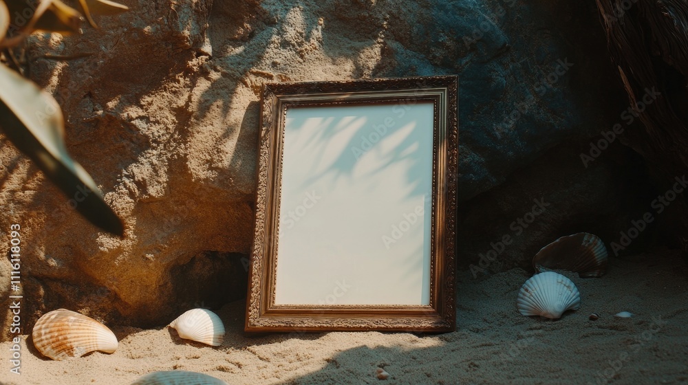 Poster blank picture frame on sandy beach surrounded by seashells natural setting for creative projects or 