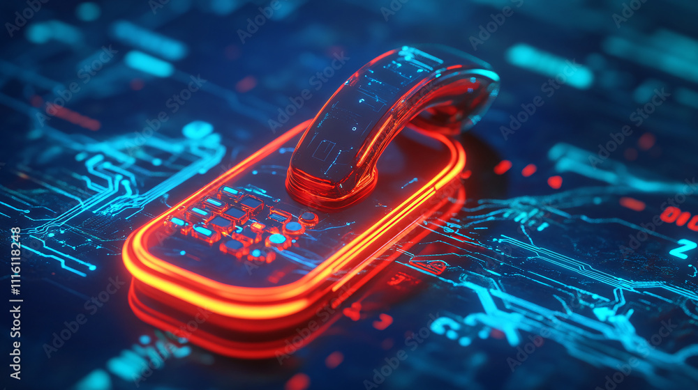 Poster a digital phone icon glowing with neon circuits, representing online customer service, telecom analy
