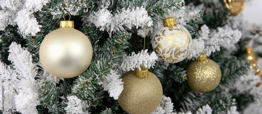 Poster elegant gold and white christmas ornaments on a frosted spruce tree with warm lighting creating a fe