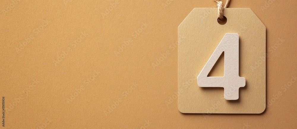 Poster brown paper tag with a cutout number four hanging on a textured background for labeling or organizat
