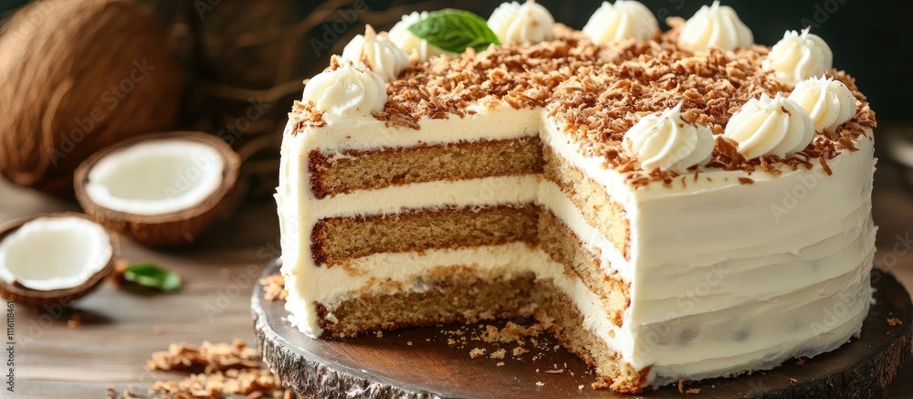 Poster Coconut cake with layers and cream frosting displayed on a rustic wooden table with coconut shells in the background