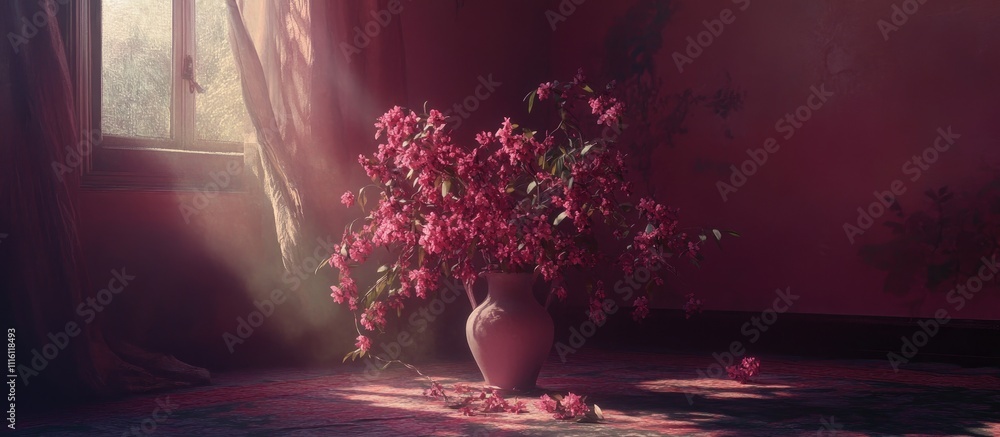 Poster pink flowers in a vase illuminated by soft light in a serene indoor setting creating a tranquil and 