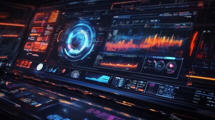 Obraz premium Futuristic digital interface displaying data and analytics visualizations.