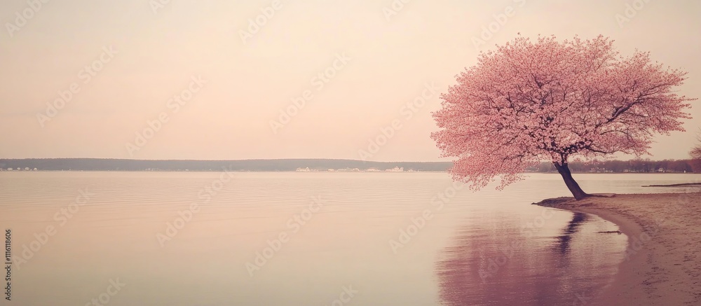 Poster serene cherry blossom tree reflected on calm waters during sunset in a tranquil landscape setting
