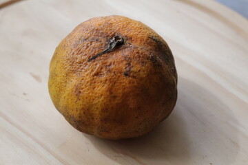 Una toma de cerca de una mandarina de color naranja con moho, en mal estado