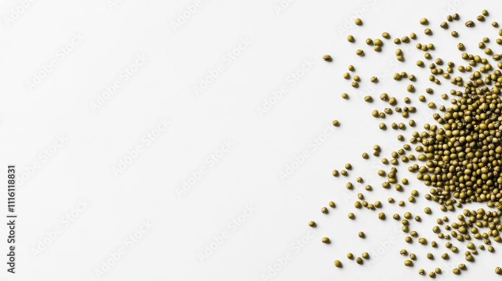 Poster mung beans scattered on a clean white background showcasing their texture and color for food-related
