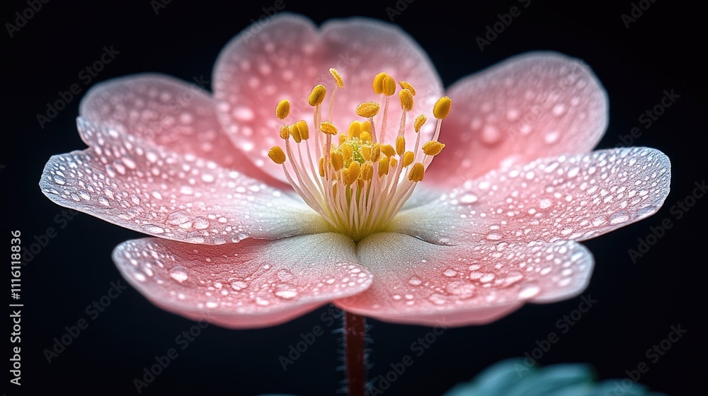 Aufkleber delicate pink flower with droplets on petals showcasing intricate details against a dark background 