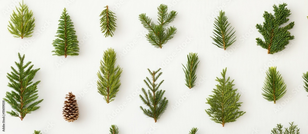 Poster christmas flat lay with coniferous tree branches and a pine cone on a white background showcasing fe