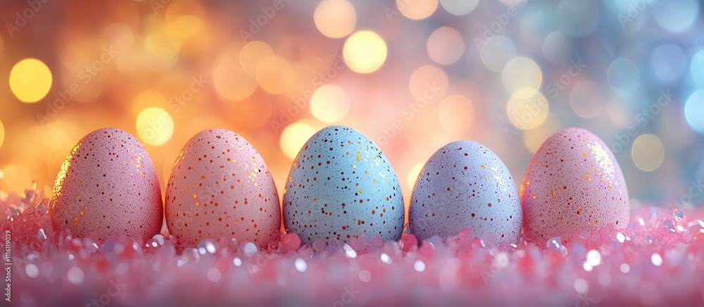 Poster pastel easter eggs arranged in a row with soft bokeh background creating a festive and colorful atmo