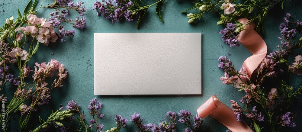 Poster anniversary celebration layout with violet dried flowers blank card and ribbon on green backdrop for