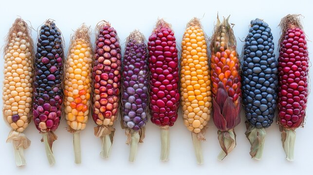 Colorful variety of heirloom corns arranged on a white background showcasing their unique kernels and vibrant hues.