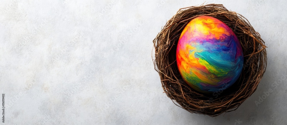 Poster colorful easter egg nestled in a natural twig nest on a soft white background creating a festive and