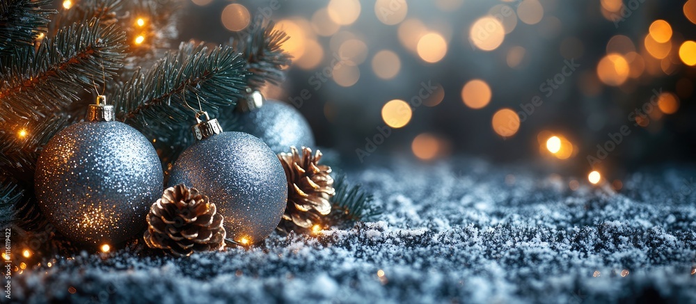 Poster elegant christmas and new year backdrop with silver ornaments pinecones and sparkling lights creatin