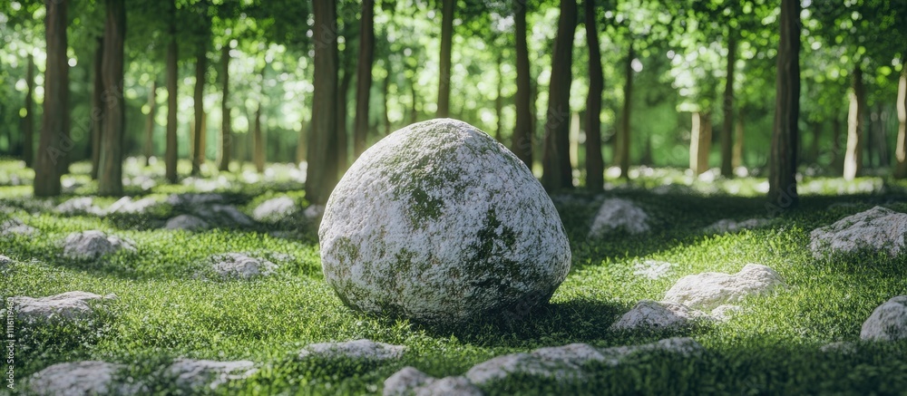 Poster serene forest scene with a large stone surrounded by lush greenery and trees under soft sunlight. pe