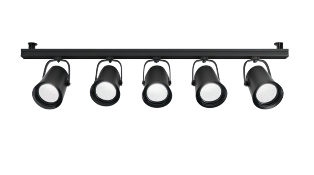 A modern track lighting fixture with five adjustable black spotlights, designed to illuminate spaces effectively.