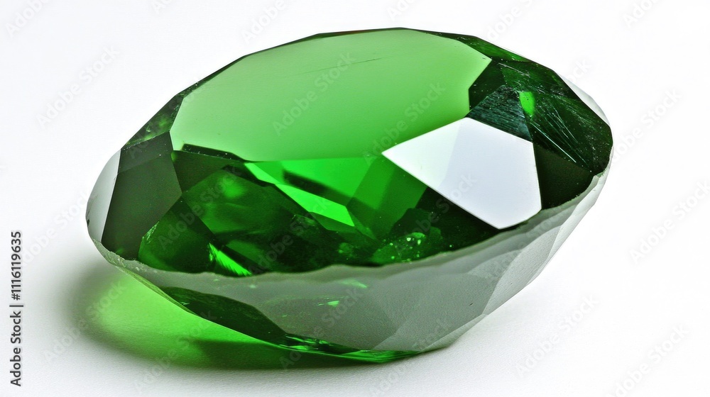 Poster green gemstone with a faceted surface placed on a smooth white background, reflecting light and high