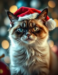 Cat wearing a festive Santa hat sitting against a colorful bokeh background during the holiday season
