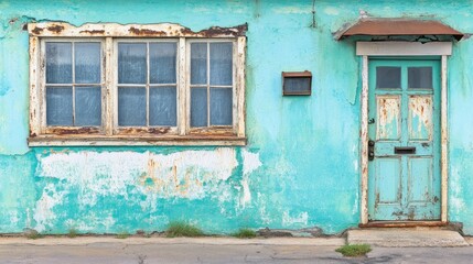 Fototapeta premium Vintage turquoise wall with rustic iron siding and weathered door, showcasing aged textures and character from a local roadside building.