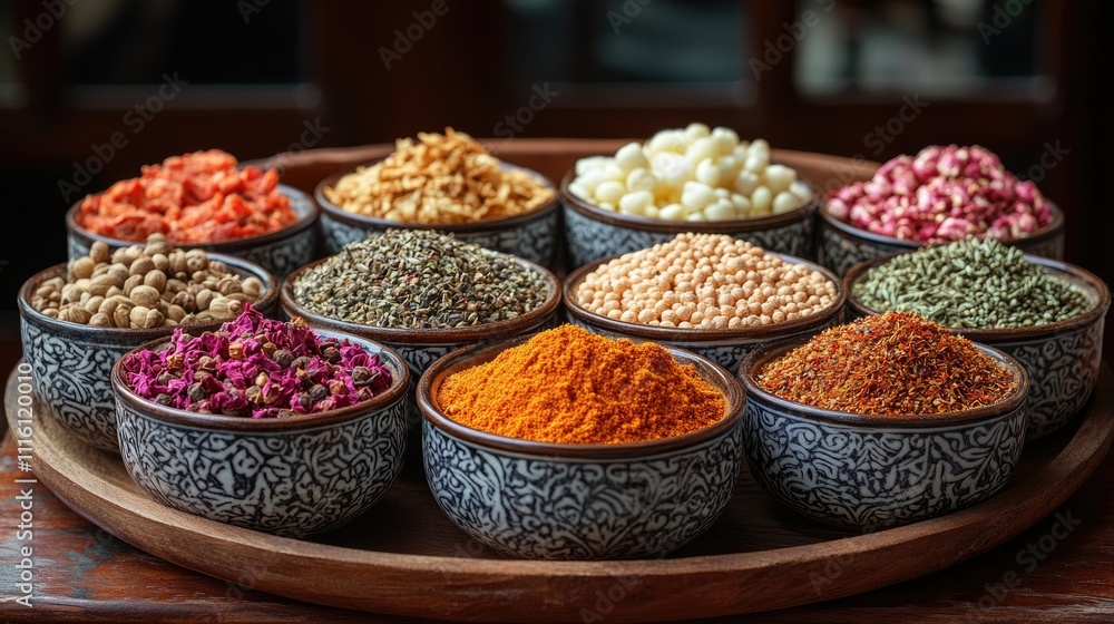 Poster colorful array of spices in decorative bowls showcasing diverse flavors and textures for culinary cr