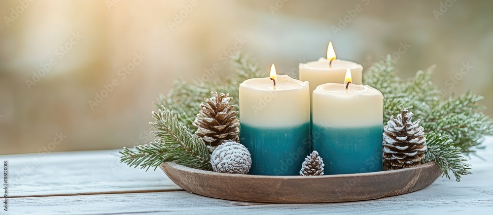 Poster christmas candles with fir branches and pine cones arranged on a wooden tray creating a festive holi