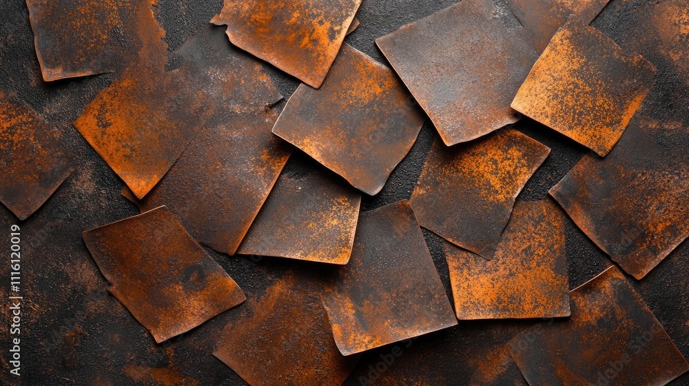 Poster weathered rusty steel plates stacked in disarray showcasing intricate texture and rich patina suitab