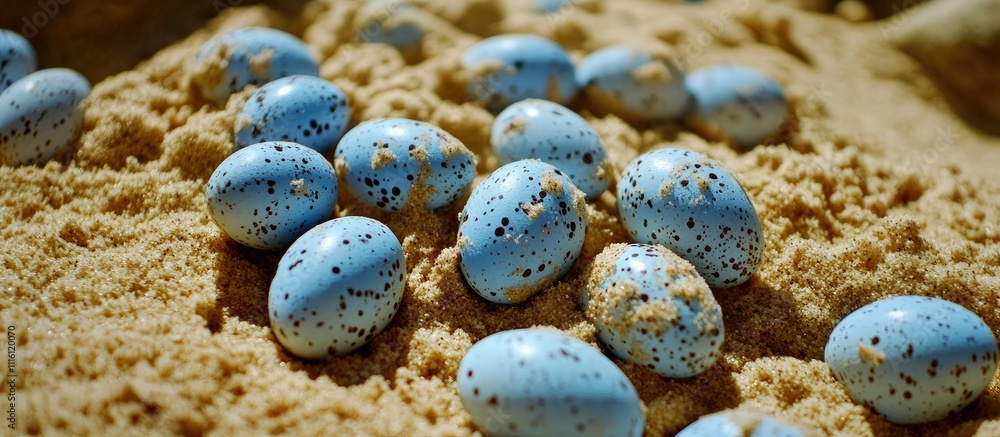 Poster blue easter eggs resting on golden sand creating a festive and serene springtime atmosphere suitable