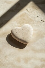 Fototapeta premium Heart-shaped stone on a sandy textured surface, illuminated by warm sunlight, nature-inspired romantic theme, vertical composition for social media, copy space, selective focus
