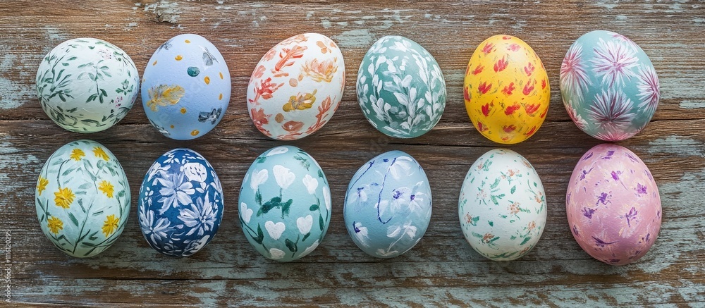 Poster hand painted colorful easter eggs with unique patterns arranged on a rustic wooden background for a 