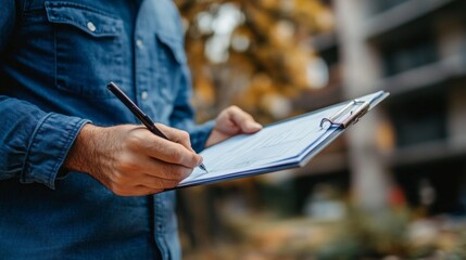 A meticulous inspector takes notes on a clipboard while inspecting a residential property