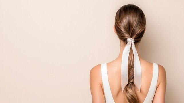 Young bride with a sleek ponytail wrapped in a satin ribbon, isolated, hair young bride, elegant and modern