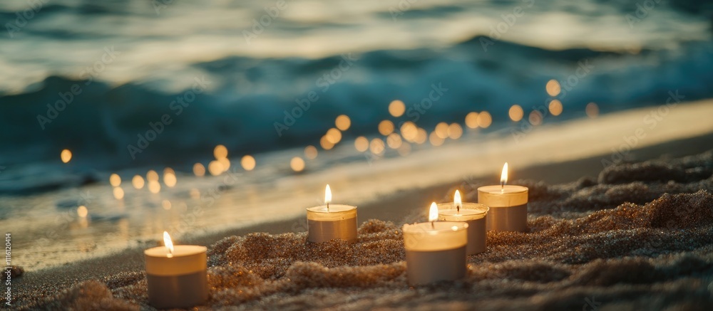Aufkleber Glowing memorial candles on sandy beach during twilight creating a serene and reflective atmosphere with ocean waves in the background