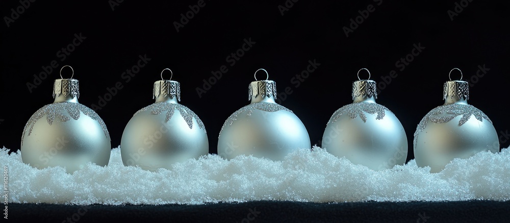 Poster silver christmas ornaments resting on snow with a black background creating a festive and elegant ho