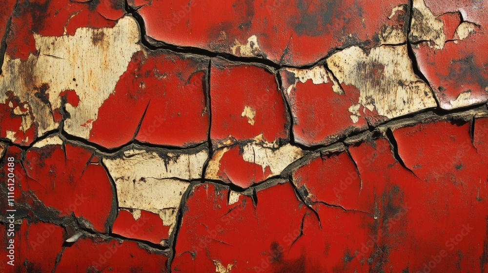 Aufkleber weathered red paint with cracks and peeling layers showcasing texture and age in a close-up view ide