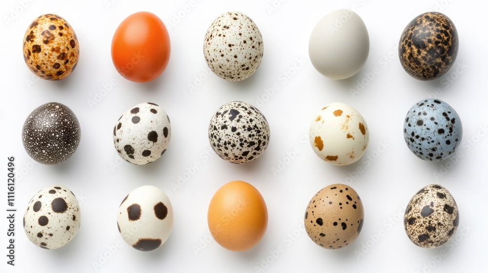 Poster colorful assortment of modern easter eggs flat lay on white background showcasing simple nordic styl