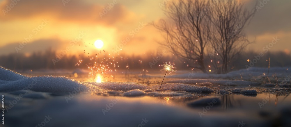 Poster winter holiday sparkler illuminating a serene landscape with a sunset backdrop and frost-covered gro